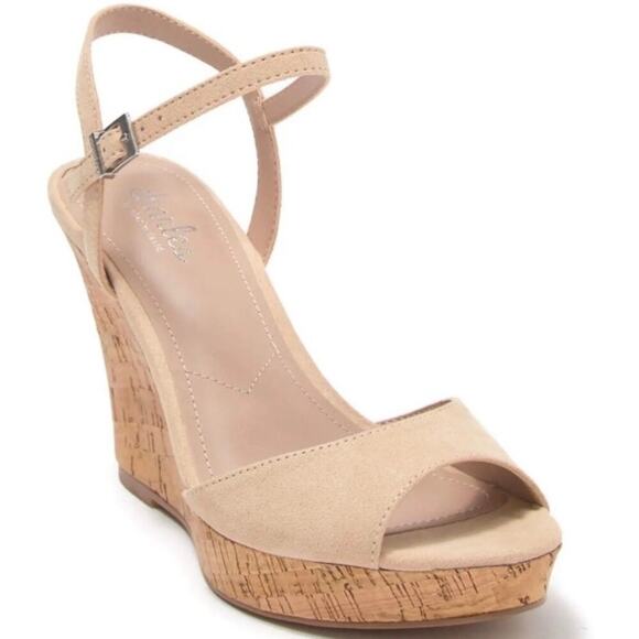 Charles By Charles David NWOB Cork Wedges Platform Peep Toe In Nude Size 10 - Picture 1 of 8